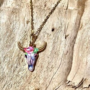 Horn/floral skull candy boho rustic gold necklace southwestern equestrian vibe